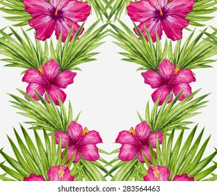 Watercolor hibiscus flower and palm leaves seamless pattern. Vector illustration.