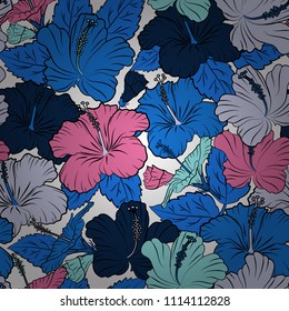 Watercolor hibiscus flowers seamless pattern in blue and black colors. Vector romantic background for web pages, wedding invitations, textile, wallpaper.
