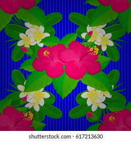 Watercolor hibiscus flowers seamless pattern on a blue background. Vector romantic background for web pages, wedding invitations, textile, wallpaper.