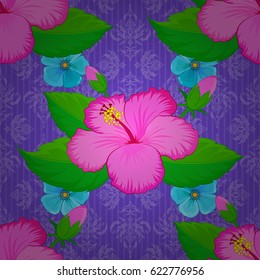 Watercolor hibiscus flowers seamless pattern on a violet background. Vector romantic background for web pages, wedding invitations, textile, wallpaper.