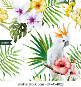 watercolor, hibiscus, orchid, white, palm, tropical, pattern, background, parrot, bird, wallpaper