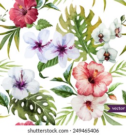 watercolor, hibiscus, orchid, white, palm, tropical, pattern, background, painting