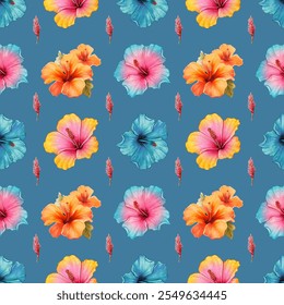 Aquarell Hibiscus nahtloses Muster mit fetten und tropischen Aquarell Hibiscus Blumen in lebendigem Blau, Orangen und Rosa. Perfekt für sommerliche Produkte und mehr. Blütenmuster, Abbildung