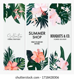 Watercolor Hibiscus tropical jungle vertical wedding invitation card, summer shop banner, boutique vacation illustration.  Botany design for wedding ceremony. Can be used for cosmetics, beauty salon.