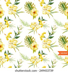 watercolor, hibiscus, yellow, palm, tropical, pattern, background