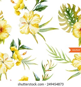 watercolor, hibiscus, yellow, palm, tropical, pattern