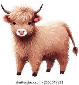 Watercolor highland cow vector illustration in soft pastel colors, rustic gentle cattle animal design, isolated decor of bovine horns, fur, natural countryside animal drawing,  elegant charming serene