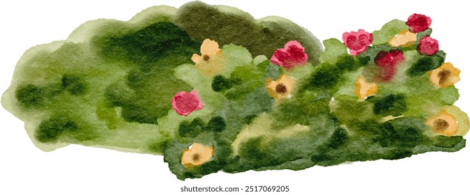 Watercolor hills. Flowery Bush. Flowery Hills. Green lawn isolated on white background. Watercolor handdrawn illustration sketch.