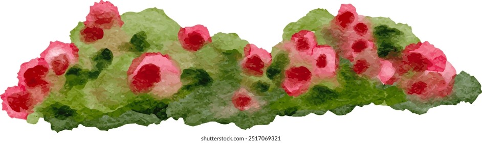 Watercolor hills. Flowery Bush. Flowery Hills. Green lawn isolated on white background. Watercolor handdrawn illustration sketch.