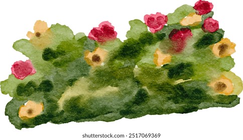 Watercolor hills. Flowery Bush. Flowery Hills. Green lawn isolated on white background. Watercolor handdrawn illustration sketch.