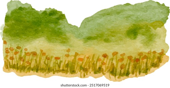 Watercolor hills. Flowery Bush. Flowery Hills. Green lawn isolated on white background. Watercolor handdrawn illustration sketch.