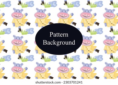 watercolor hippo wearing rain coat pattern background design