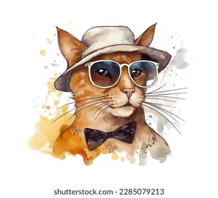 Watercolor hipster cat in sunglasses and a hat. Vector fashion illustration