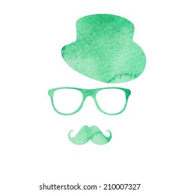 Watercolor hipster mustache, silk hat and glasses in vector