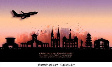 Watercolor of Ho Chi Minh City, Vietnam silhouette skyline and famous landmark. vector illustration.