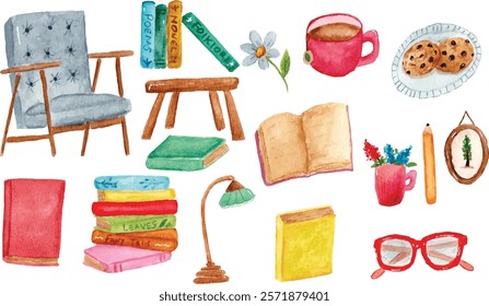 watercolor hobby illustration with book, chair, desk, flower, tea, lamp, eyeglasses, pencil, painting 