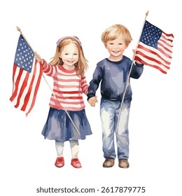 watercolor A holding small American flags illustration