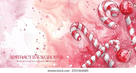 watercolor holiday background with candy canes and ornaments