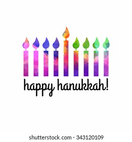 Watercolor holiday background. Happy Hanukkah. Vector hand drawn watercolor stains. Israel festival of light. Vector illustration. Colorful Menorah.