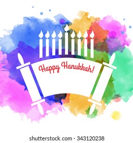 Watercolor holiday background. Happy Hanukkah. Israel festival of light. Vector illustration. Menorah and Torah.