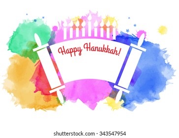 Watercolor holiday background. Happy Hanukkah. Israel festival of light. Vector illustration. Menorah and Torah.