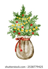 Watercolor holiday Christmas tree arrangement in a bag with red ribbon and colorful decorations