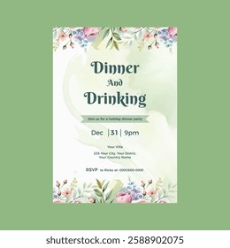 Watercolor Holiday Party flyer for floral design with elegant flowers template. Isolated vector illustration