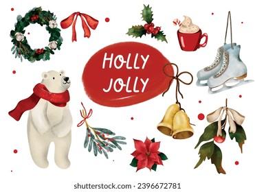 Watercolor Holly Jolly Christmas collection of Vector  illustrations. Cozy Watercolor clip art elements, ready to print. Perfect for invitation, card, poster, banner, decorations