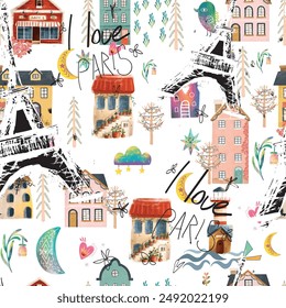 Watercolor home and flowers style vector seamless pattern. Scarf, textile, fabric design.
