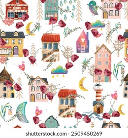 watercolor home and flowers style vector seamless pattern. Scarf, textile, fabric design.
