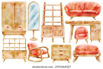 Watercolor Home Furniture Illustration Set - Hand-Painted, Realistic, Cozy Style - Sofa, Chair, Wardrobe, Mirror, Bookshelf, Desk, Storage Unit, Vector Illustration