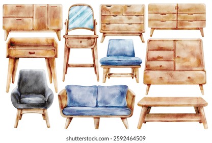Watercolor Home Furniture Illustration Set - Hand-Painted, Cozy, Stylish - Sofa, Chair, Vanity, Table, Storage Unit, Modern Furniture, Vector Illustration