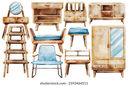 Watercolor Home Furniture Illustration Set - Hand-Painted, Cozy, Modern Style - Sofa, Chair, Storage Unit, Mirror, Cabinet, Stylish Furniture, Vector Illustration