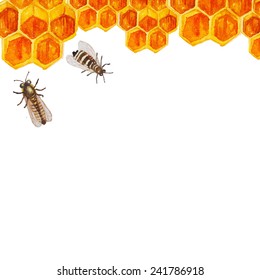 Watercolor honey background. Hand drawn frame with honeycomb and bees in vector