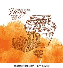 Watercolor honey background with a jar of honey and honeycomb, hand drawn
