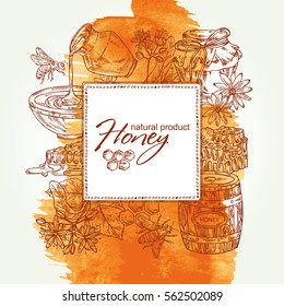 Watercolor honey background with a jar of honey, linden flower and honeycomb with a bee, hand drawn.
