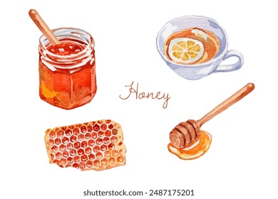 Watercolor honey elements with honey jam and tea