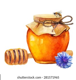 Watercolor Honey jar and honey stick and cornflower over white, Vector