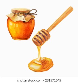 Watercolor Honey Jar And Honey Stick Over White, Vector