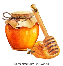 Watercolor Honey Jar And Honey Stick Over White, Vector