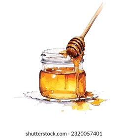 watercolor honey in jar and wooden spoon illustration, isolated on white background, vector honey, vector illustration