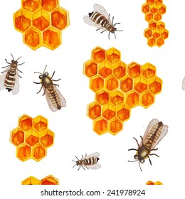 Watercolor honey seamless pattern. Hand drawn texture with honeycomb and bees in vector