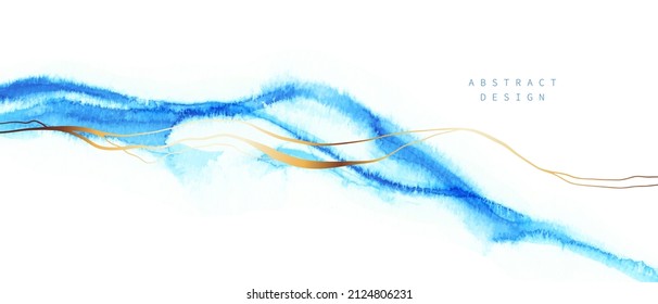 Watercolor horizontal background. Blue, turquoise watercolor fluid painting vector design.  Abstract sea, montains, landscape art with golden lines.