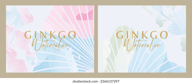 Watercolor horizontal ginkgo background for feminine documents