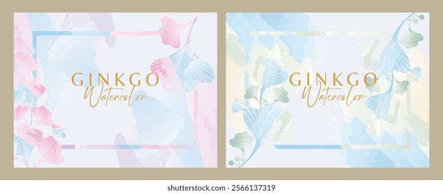 Watercolor horizontal ginkgo background with frame inside