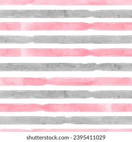 Watercolor horizontal stripes seamless pattern. Striped vector background in pink and grey colors