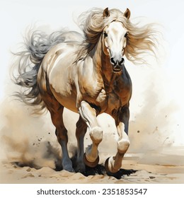 A Watercolor horse in nature, running horse, in watercolor style, isolated on white background