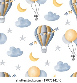 Watercolor hot air balloon childish seamless pattern and moon  clouds  stars   balloons for fabric  textiles wallpaper 