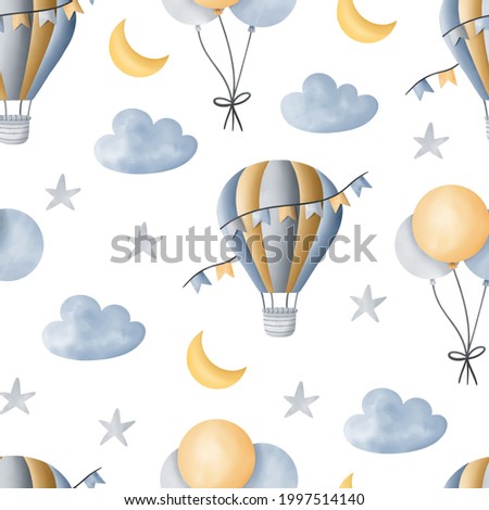 Watercolor hot air balloon childish seamless pattern with moon, clouds, stars and balloons for fabric, textiles or wallpaper.
