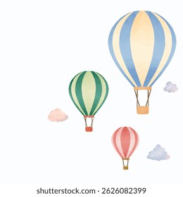Watercolor of hot air balloons in different color with sky and clouds. Hand drawn of children illustration in cute cartoon style. Vintage and pastel color